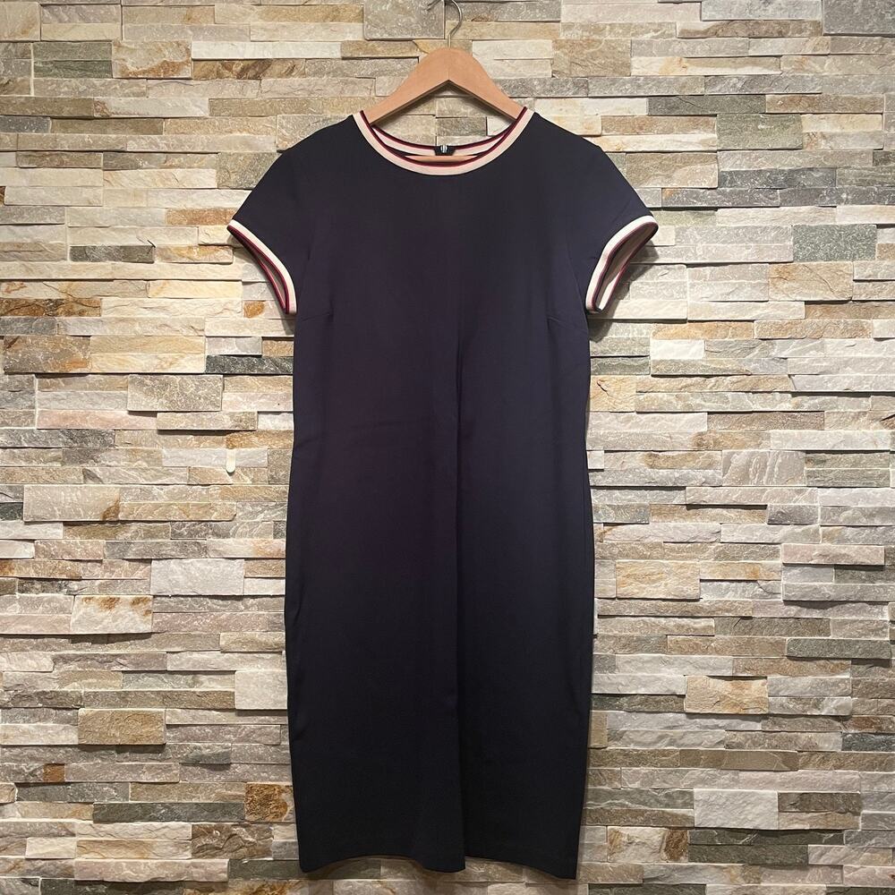 Brooks Brothers 14P Navy Sheath Dress | Contrast Trim, Stretch, Career NWOT - Picture 3 of 7